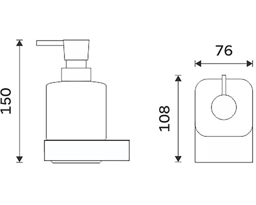 Technický nákres dávkovače mýdla s rozměry.
