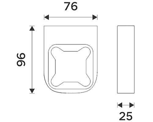 Technický nákres nástěnného držáku o rozměrech 76, 96 a 25 milimetrů.