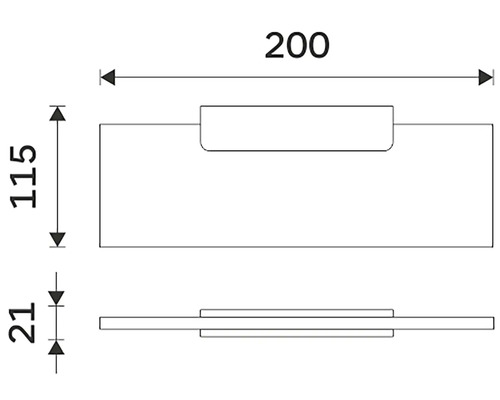 Technický nákres poštovní schránky o rozměrech 200 x 115 x 21 mm.