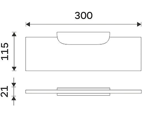 Technický nákres mušle rukojeti o rozměrech 300, 115 a 21 milimetrů.
