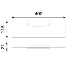 Technický výkres umyvadla s rozměry 400 x 115 x 21 mm