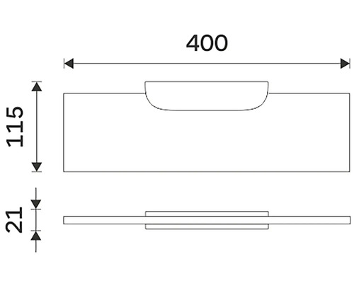 Technický výkres umyvadla s rozměry 400 x 115 x 21 mm