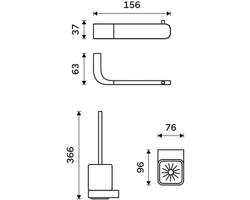 Technický nákres držáku toaletní štětky s rozměry v milimetrech