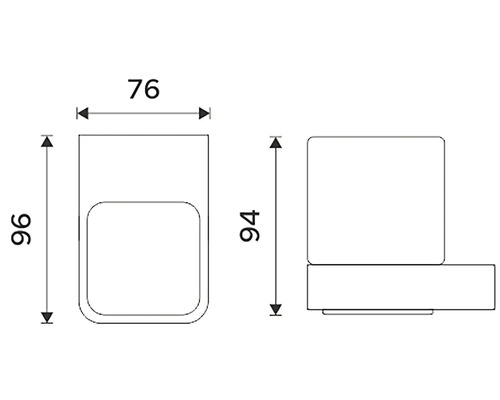 Technický nákres dávkovače mýdla o rozměrech 76 x 96 mm a výšce 94 mm