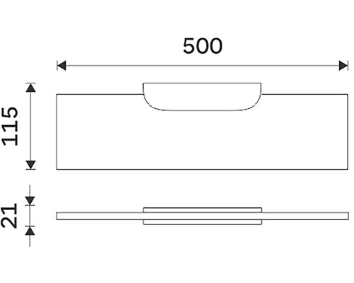 Technický nákres nábytkové úchytky o rozměrech 500 x 115 x 21 mm.