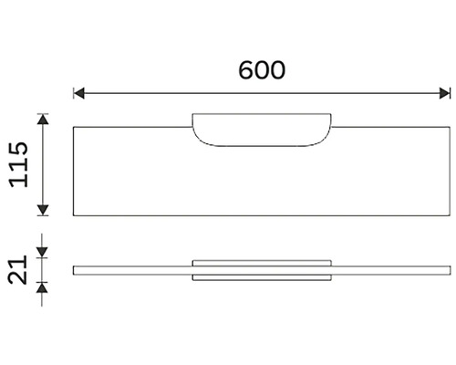Technický výkres s rozměry obrobku: délka 600 mm, výška 115 mm, tloušťka 21 mm