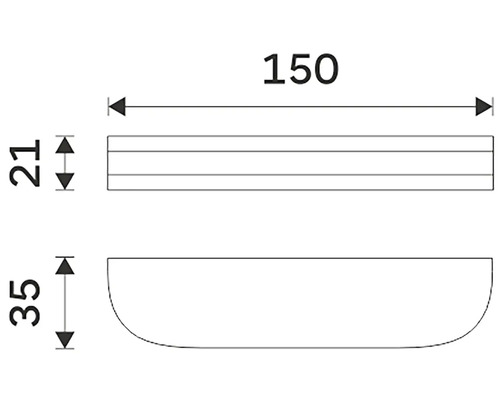 Technický výkres sanitárního výrobku s rozměry: délka 150 mm, výška 21 mm, hloubka 35 mm.