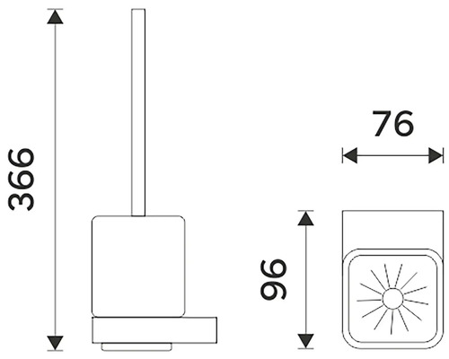 Technický výkres WC štětky s rozměry 366, 76 a 96