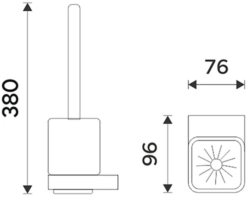 Technický výkres WC soupravy s rozměry výška 380 mm, šířka 76 mm a hloubka 96 mm.