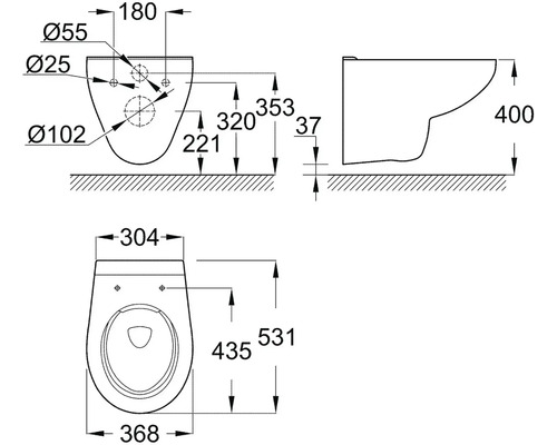 Technický nákres závěsného WC s rozměry