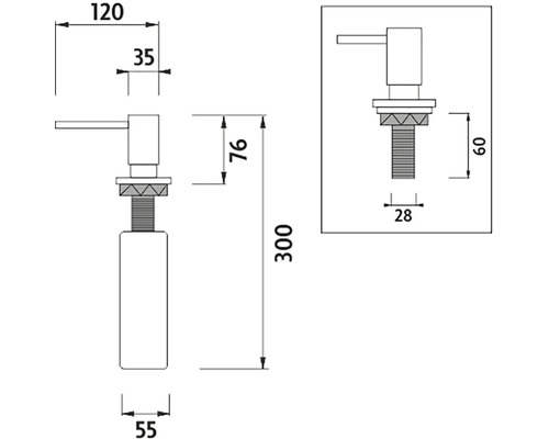 Technický výkres dávkovače mýdla s rozměry