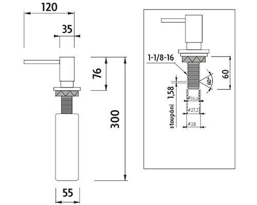 Technický výkres dávkovače mýdla s rozměry
