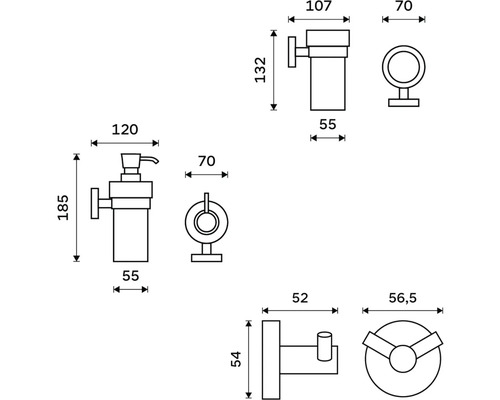 Technický nákres sady koupelnových doplňků s dávkovačem mýdla, kroužkem na ručník a věšákem na oděvy s rozměry