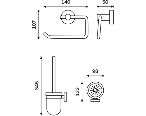 Technický výkres držáku toaletního papíru a sady WC štětky s rozměry