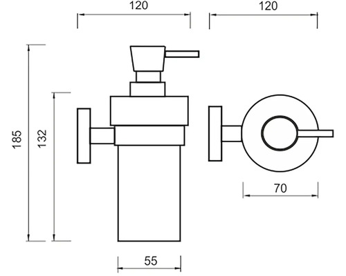 Technický nákres dávkovače mýdla s rozměry