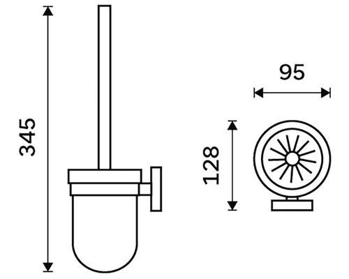 Technický výkres nástěnné WC štětky se specifikacemi rozměrů