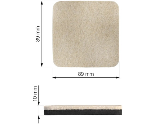 Čtvercový kluzák na nábytek z plsti, 89 x 89 milimetrů, tloušťka 10 milimetrů