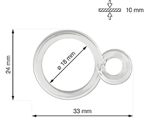 Závěsný kroužek o rozměrech 24 mm x 33 mm, průměr 18 mm a tloušťka 10 mm