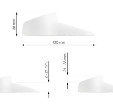 Technický nákres bílého dveřního dorazu o rozměrech 120 mm délky a 38 mm výšky