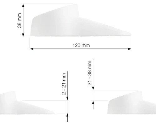 Technický nákres bílého dveřního dorazu o rozměrech 120 mm délky a 38 mm výšky