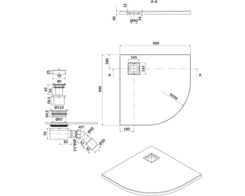 Technický nákres sprchové vaničky s rozměry