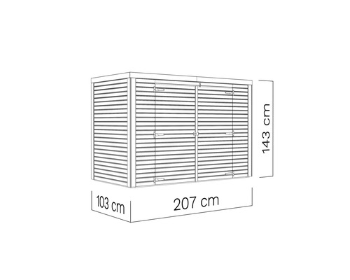 Obrysový nákres zahradního domku o rozměrech 207 x 103 x 143 centimetrů