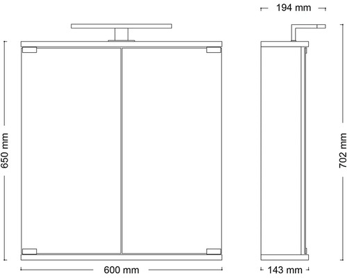 Technický výkres zrcadlové skříňky o rozměrech 650 x 600 x 194 milimetrů