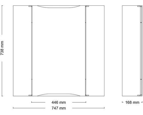 Technický výkres koupelnové skříňky s rozměry 738 mm výška, 747 mm šířka a 168 mm hloubka.