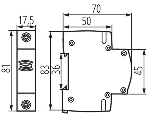 Technický výkres proudového chrániče s rozměry v milimetrech