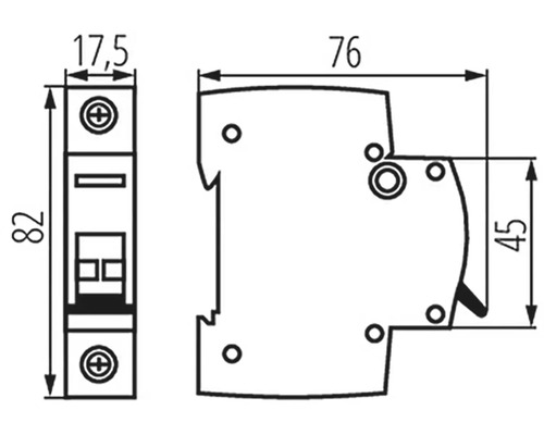 Technický nákres jističe s rozměry.