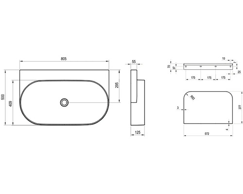 Technický výkres umyvadla s rozměry