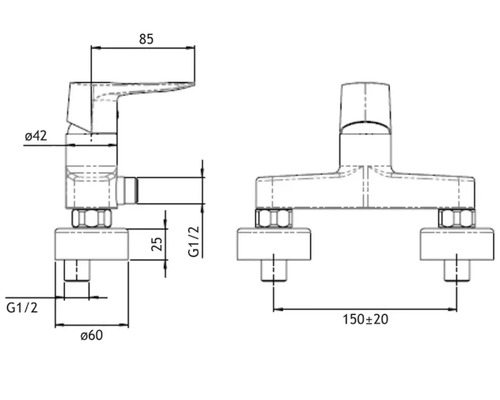 Technický nákres vodovodní baterie s rozměry