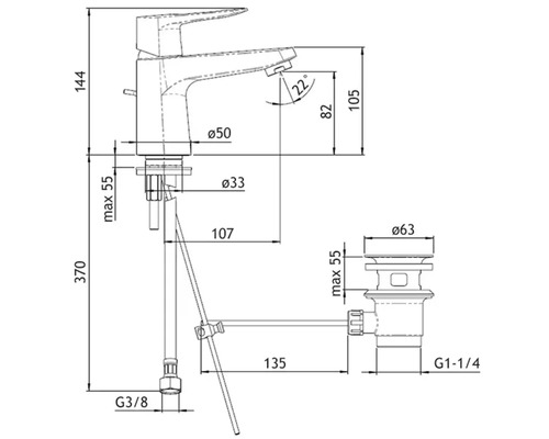 Technický výkres vodovodní baterie s rozměry