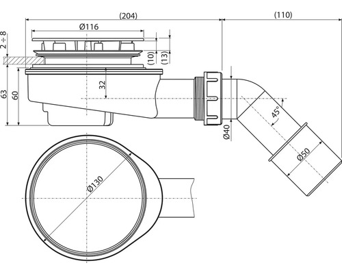 Technický výkres sifonu s rozměry