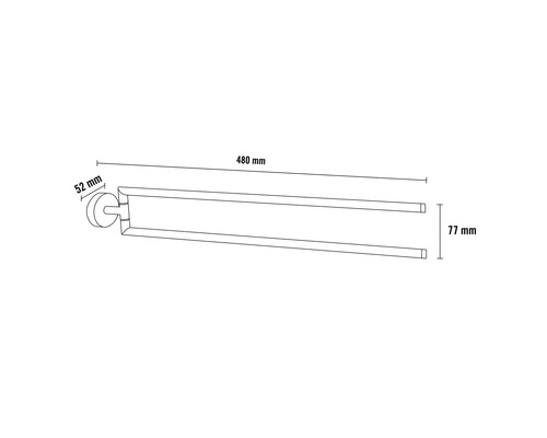 Dvojitý držák na ručníky s rozměry 480 mm délka, 52 mm hloubka a 77 mm výška.