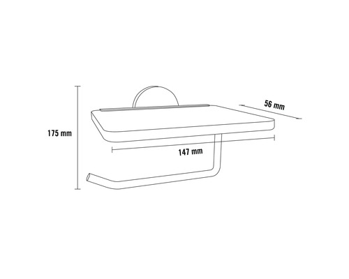 Technický nákres držáku toaletního papíru s poličkou a rozměry