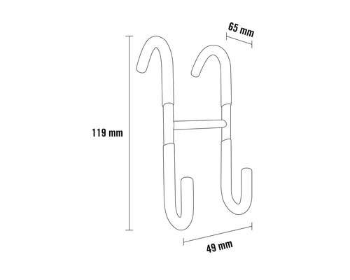 Obrázek rozměrů závěsné lišty na dveře: 119 mm vysoká, 65 mm široká a 49 mm hluboká.