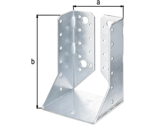 Ocelová patka trámu s otvory a rozměry a a b