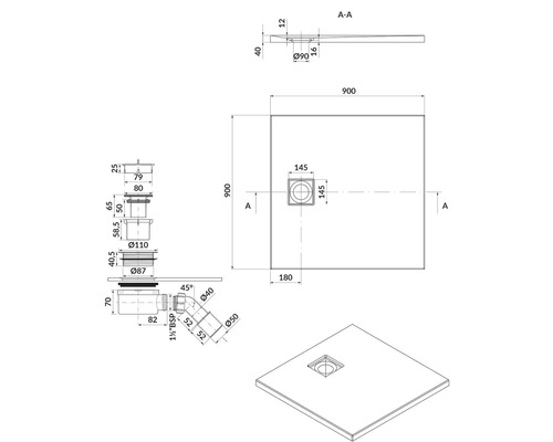 Technický nákres sprchové vaničky s rozměry a detaily