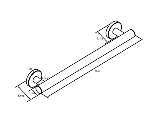 Nákres 40 centimetrů dlouhé opěrné tyče o rozměrech 1,0 centimetru, 1,9 centimetru, 2,5 centimetru, 5,7 centimetru a 6,9 centimetru.