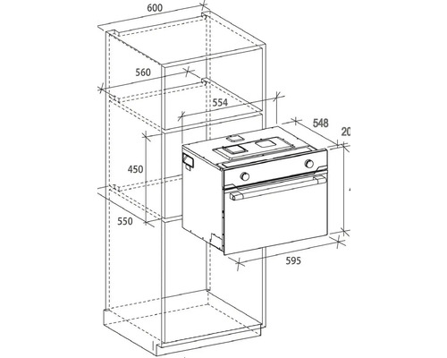 Technický výkres vestavné trouby s rozměry pro instalaci do kuchyňské skříňky