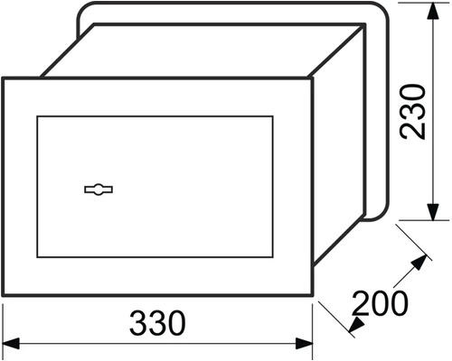 Technický nákres trezoru s rozměry 330, 230 a 200 milimetrů