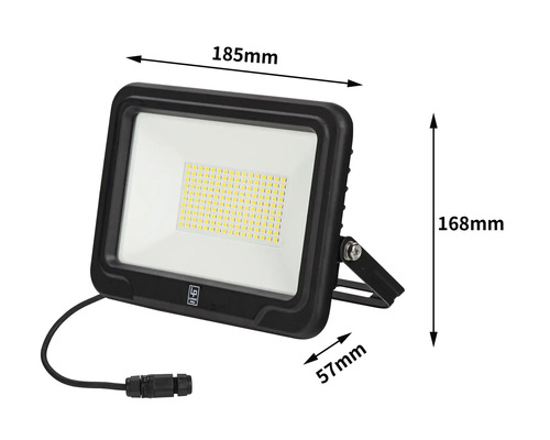 LED reflektor s rozměry šířky, výšky a hloubky