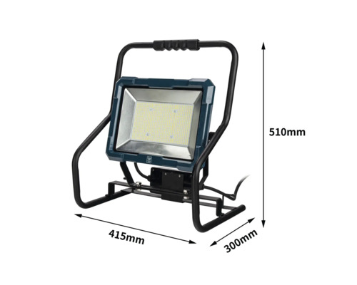 LED stavební reflektor o rozměrech 510 mm výška, 415 mm šířka a 300 mm hloubka