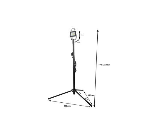 LED stavební reflektor na stativu o rozměrech 770 až 1250 milimetrů výšky a 850 milimetrů délky patky stativu