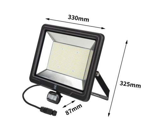 LED reflektor s pohybovým senzorem a rozměry 330 mm, 325 mm a 87 mm.