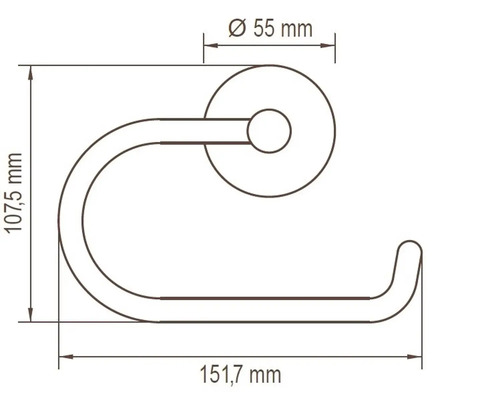 Rozměrový nákres držáku toaletního papíru o rozměrech 107,5 mm výška, 151,7 mm šířka a 55 mm průměr rozety