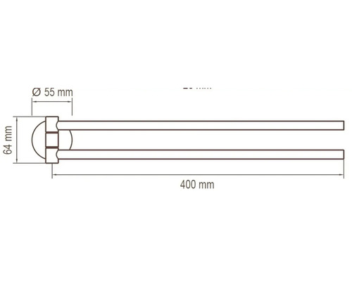 Technický nákres držáku na ručníky o rozměrech 400 mm délka, 55 mm průměr a 64 mm výška