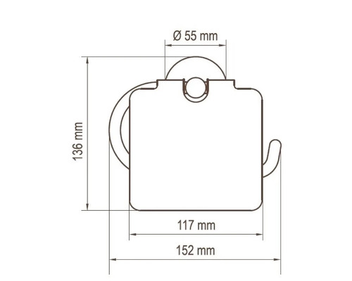 Rozměrový nákres držáku toaletního papíru o rozměrech 136 mm výška, 152 mm šířka a 55 mm průměr