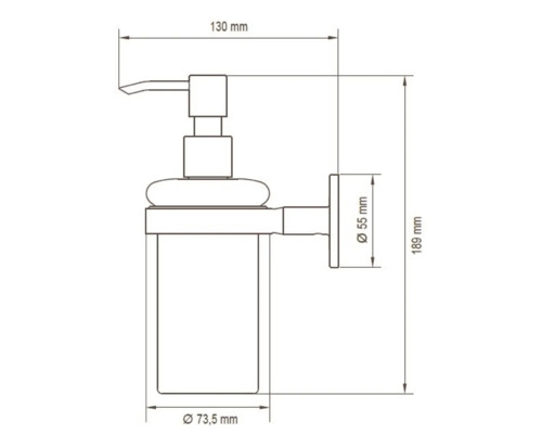 Technický nákres dávkovače mýdla s rozměry.